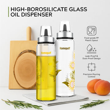 HomePuff borosilicate oil dispenser bottle set 500ml with floral design for kitchen cooking oils and vinegar